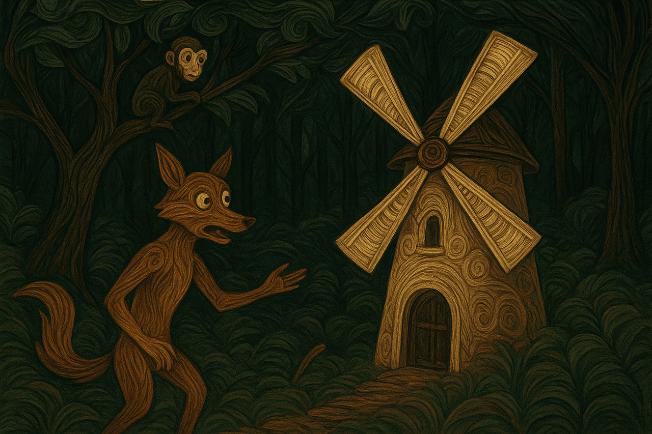 Ilustración de Beda Nansi, Beda Monkey y el Molino