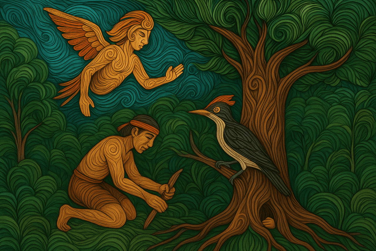 Ilustración de El hijo de Karagabí encerrado en el árbol